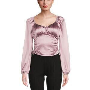 MADDEN NYC Emma Junior's L Purple Satin Ruched Long Sleeve Crop Top Corset Glam